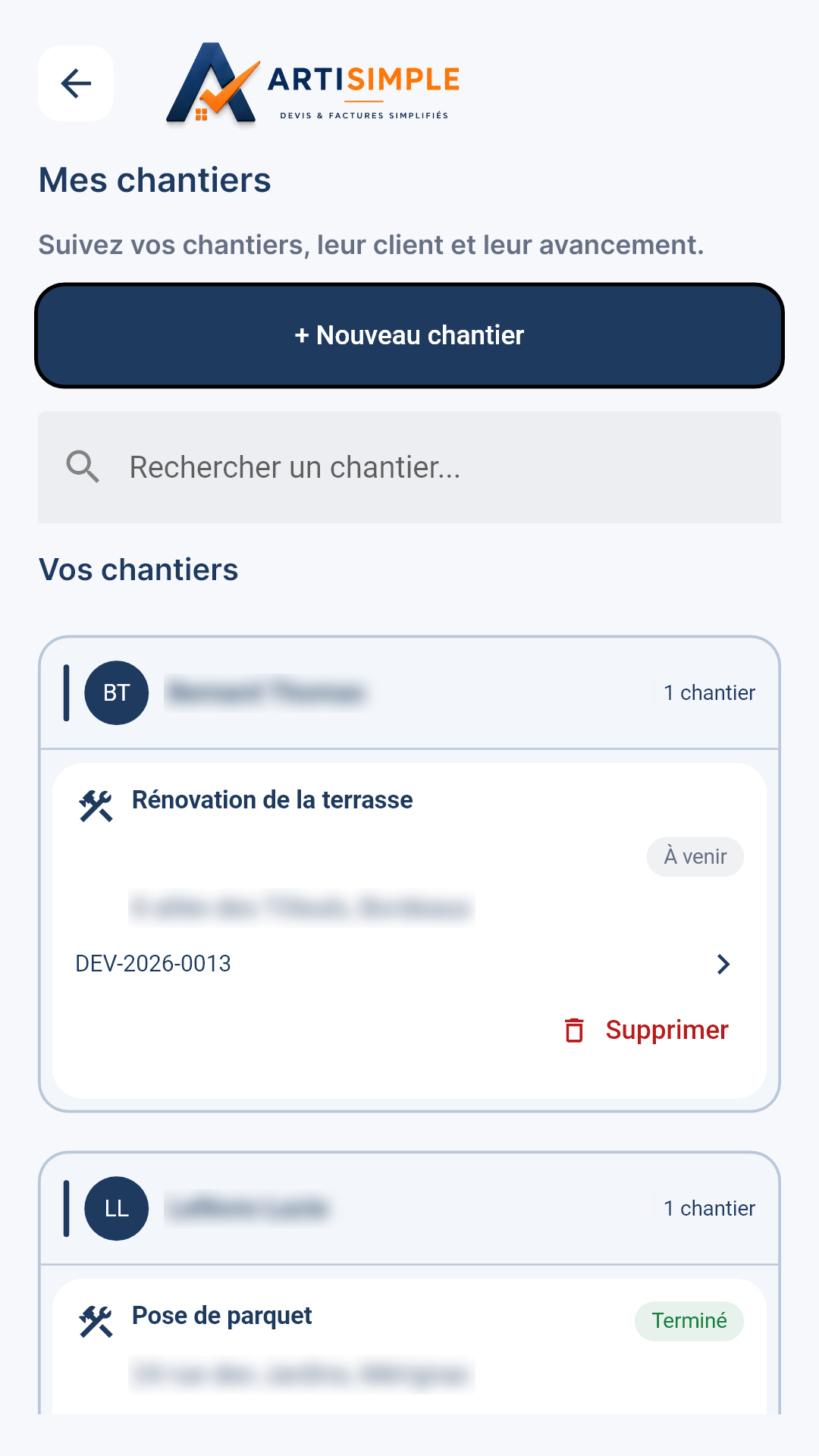 Liste des chantiers ArtiSimple avec leurs clients et leurs états d’avancement